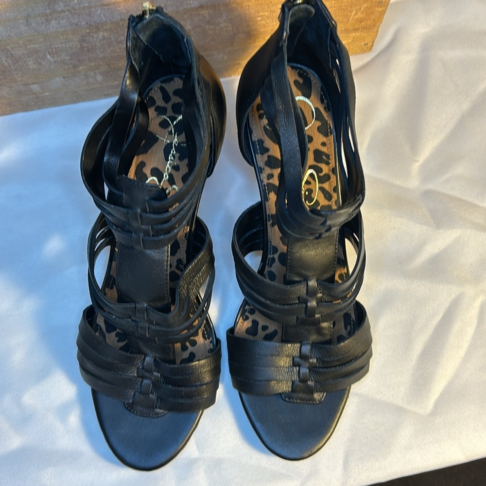 Jessica Simpson black leather ankle strap heels. - Picture 6 of 9